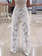 Y2K Lace Flowers Hollow Jeans Fashion High Waist Straight Wide Leg Pants Solid Color Trousers Women's Clothing