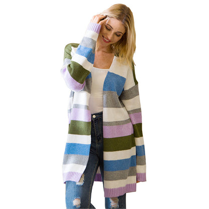 Striped mid-length cardigan sweater