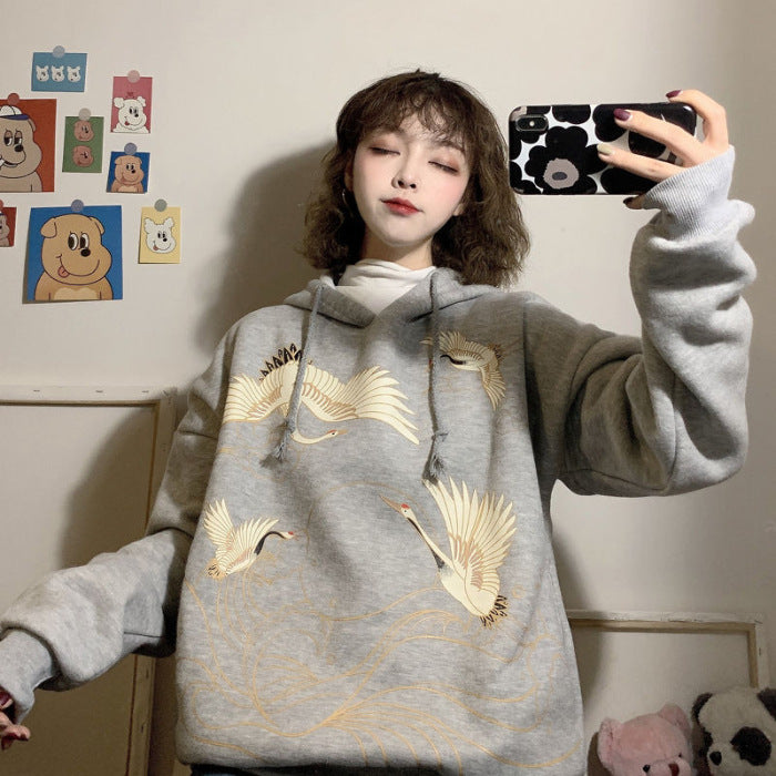 Retro Crane Print Loose Hooded Plus Velvet Sweater Women Plus Size Coat