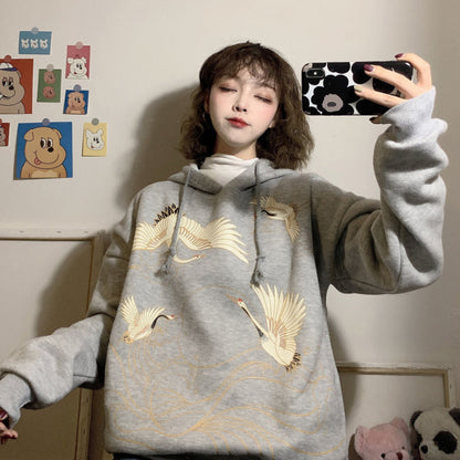 Retro Crane Print Loose Hooded Plus Velvet Sweater Women Plus Size Coat