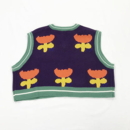 Autumn Winter Women Floral Vest V Neck Loose Knitted Pullovers Short Sweater