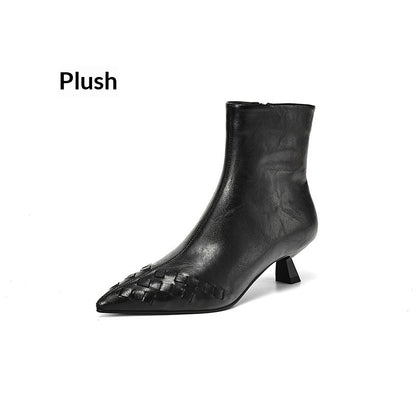 Fashionable Knit Ankle Mid-heel And Plush-lined Boots