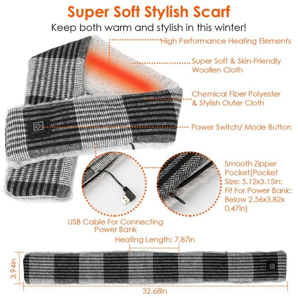 Electric Heated Scarf USB Heating Neck Wrap Unisex Winter Heated Neck Shawl