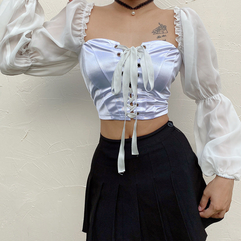 Puff sleeve stitching tie t-shirt