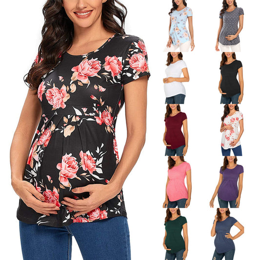 Fashion Print Round Neck Short Sleeve Maternity T-shirt
