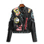 New Fashion Print Contrast Color Rivet Leather Jacket For Women
