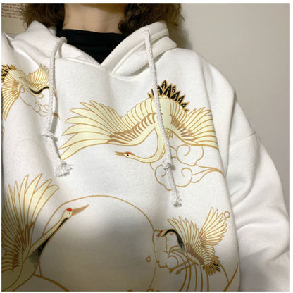 Retro Crane Print Loose Hooded Plus Velvet Sweater Women Plus Size Coat