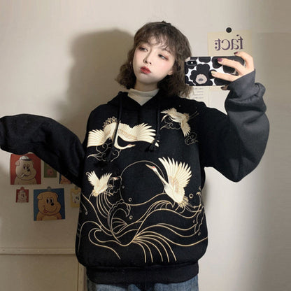 Retro Crane Print Loose Hooded Plus Velvet Sweater Women Plus Size Coat