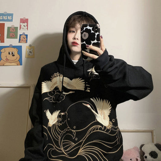 Retro Crane Print Loose Hooded Plus Velvet Sweater Women Plus Size Coat