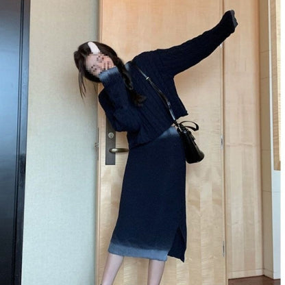 Cable-knit Sweater Split Skirt Suit