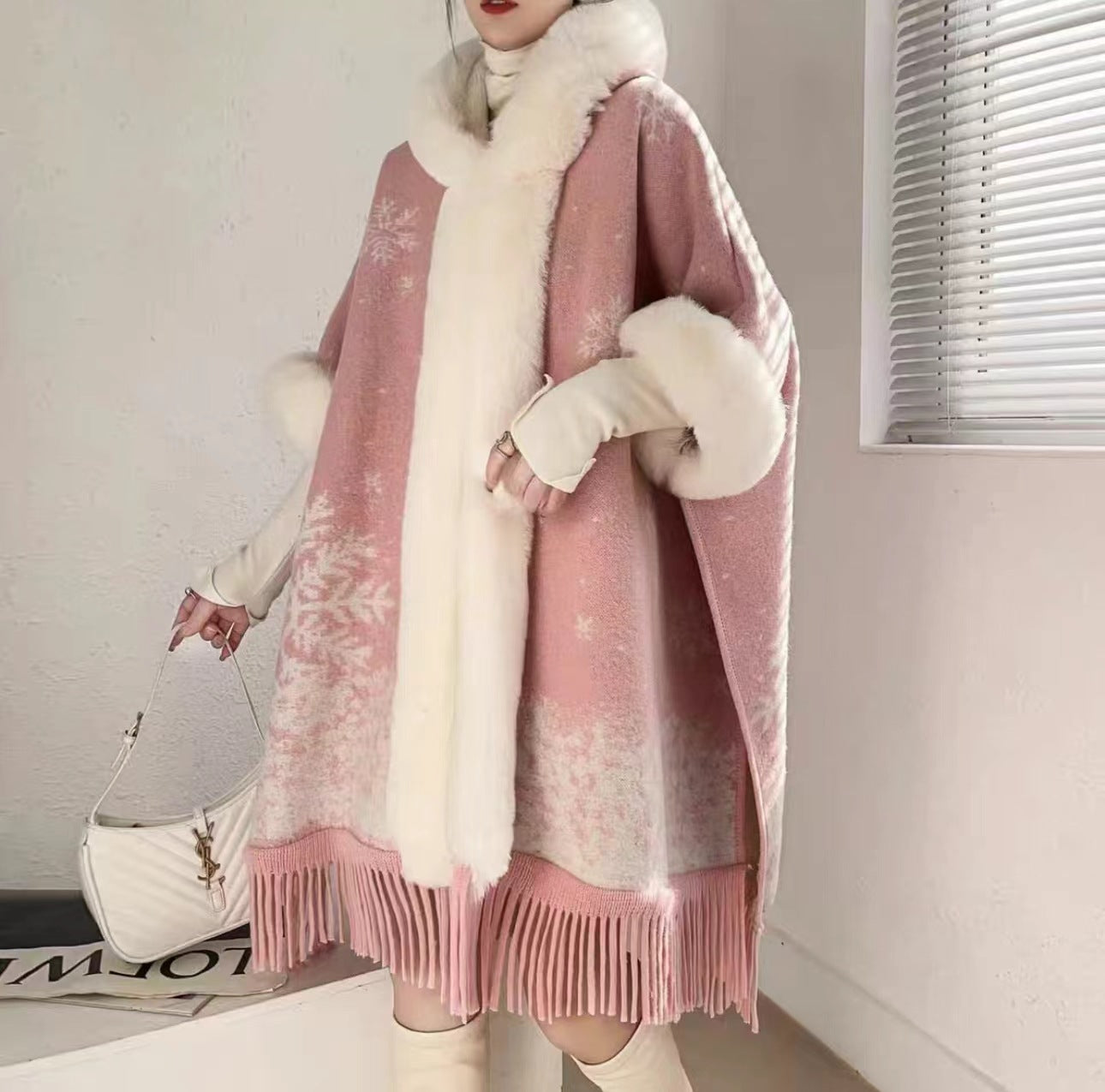 Loose Plaid Plus Cashmere Fur Collar Knitted Inverness