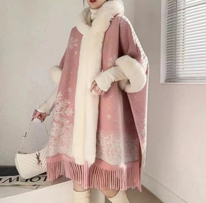 Loose Plaid Plus Cashmere Fur Collar Knitted Inverness