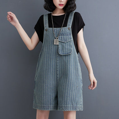 Summer New Large Vertical Stripe Denim Strap Shorts For Women