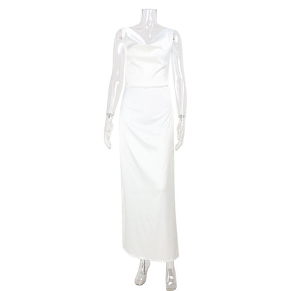 Women's Fashion French Style  Sleeveless V-Neck Swing Collar Dress Satin Dinner Dresses Chest Pleat Design Elegant Textured Slim Fit Party Socialite Dress