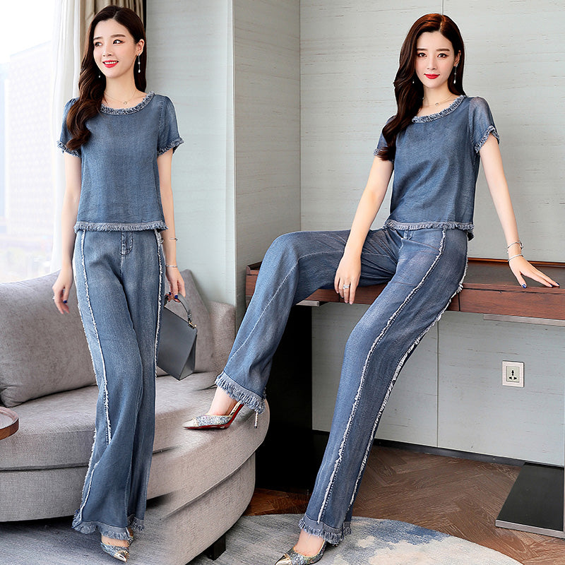 Fashion Slim Denim Wide Leg Pants Two-piece Women