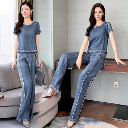 Fashion Slim Denim Wide Leg Pants Two-piece Women