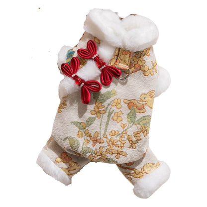 Lunar New Year Brocade Pet Jumpsuit With Faux Fur Trim, Traditional Chinese Knot Dog Onesie For Festive Celebrations