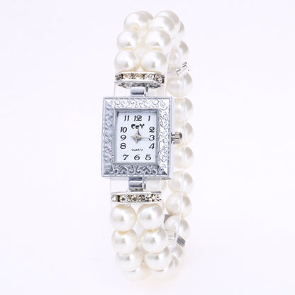 Artificial Glass Pearl Watch Bracelet Rectangular Women's Casual Watch