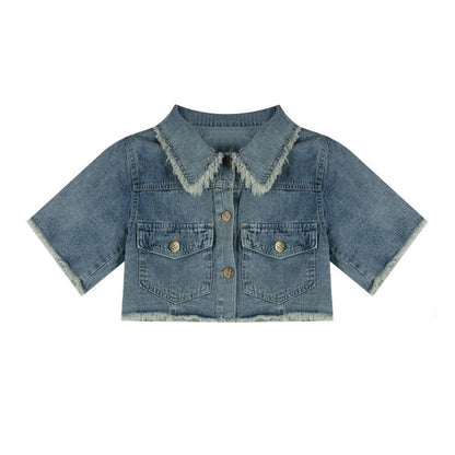 Vintage Washed Burlap Short Shirt Denim Set