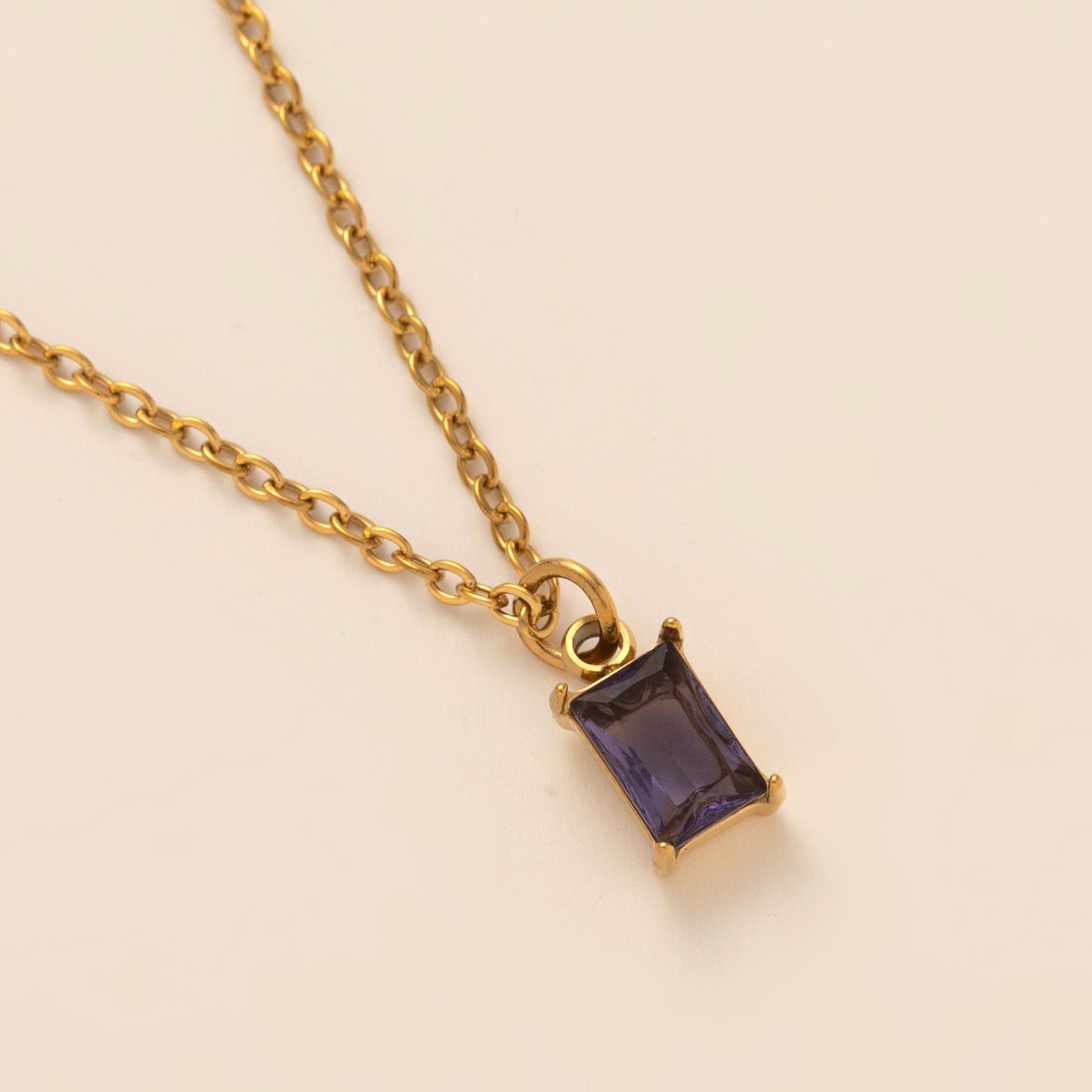 Titanium Steel Necklace Rectangular 12month Birthday Stone Pendant Colorful Zircon Clavicle Chain