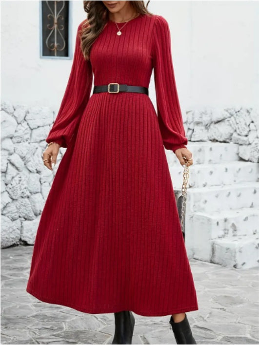 Elegant Maroon Ribbed Midi Dress For Women With Lantern Sleeves