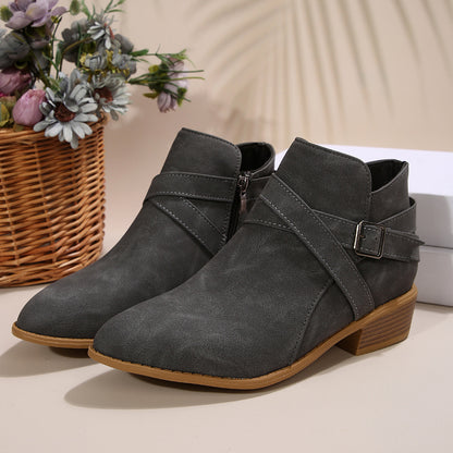 Fashionable Chunky-Heel Leather Belt-Clasp Side-Zip Ankle Boots