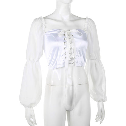 Puff sleeve stitching tie t-shirt