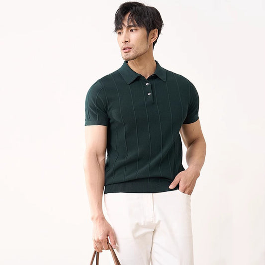 Summer New Short Sleeve Knitted Shirt Men Lapel Business Slim Vertical Stripe