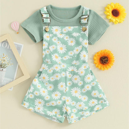 Toddler Girl Shorts Outfit Solid Color Ribbed Short Sleeve