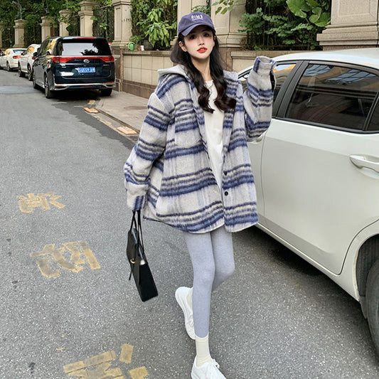 Plaid Hooded Woolen Coat Women