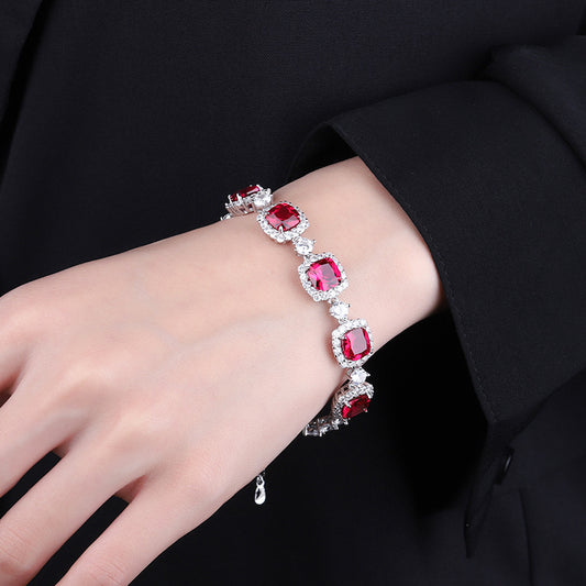 Retro-style Simulated Colored Gemstone Light-luxury Fully Diamond-encrusted Bracelet