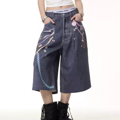 Retro Color Chain Printed Cropped Jeans For Women