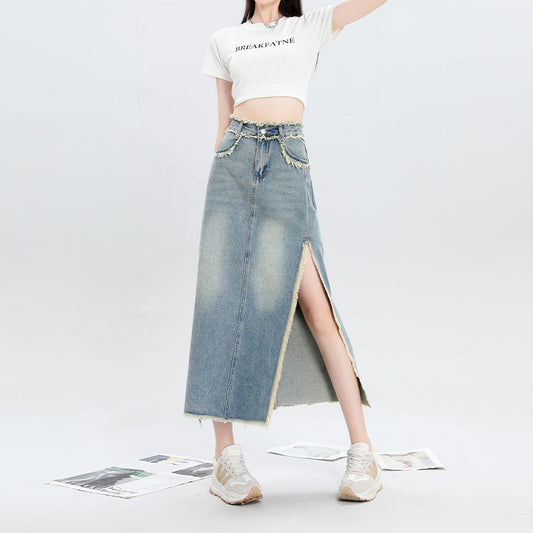 Slit Burrs Denim Skirt For Women