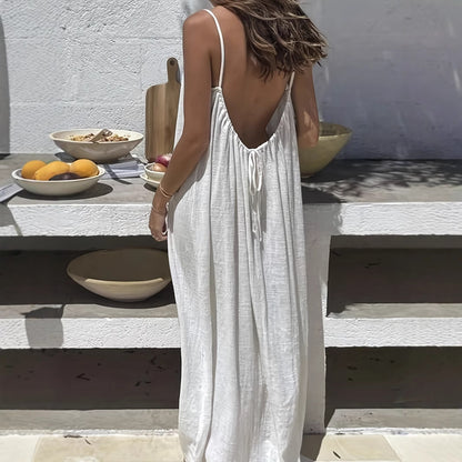 Loose Spaghetti Dress Ins Fashion U-cut Backless Tie-up Long Dresses Beach Vacation Bohemian Women's Clothing