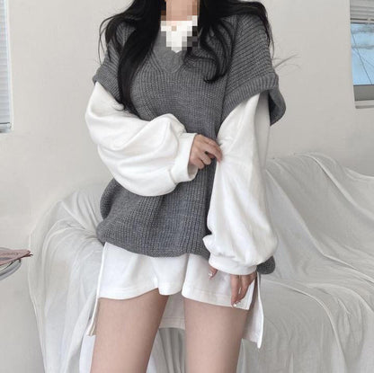 French Style Split Long Sleeve Top Plus Casual Knitted Sweater Vest For Women