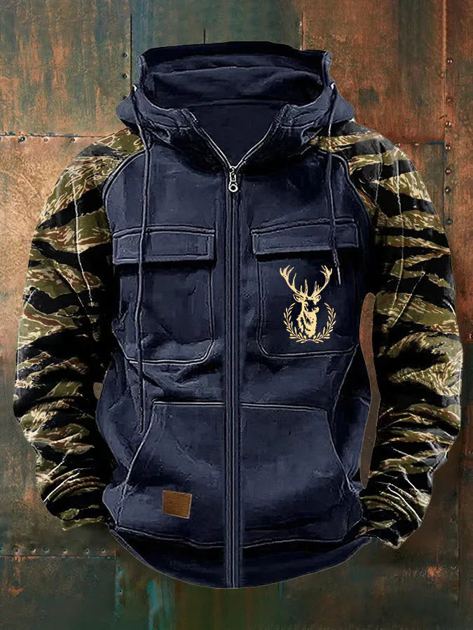 Mens Multi-Pocket Cargo Hoodie With Zippers And Color-Block Design