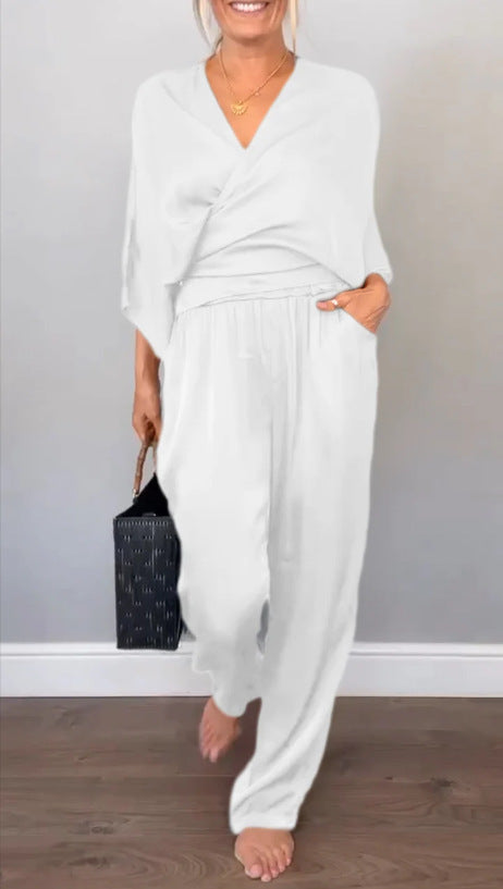 Solid Color Satin Short-sleeved Top Pants Suit Women