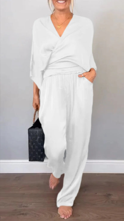 Solid Color Satin Short-sleeved Top Pants Suit Women
