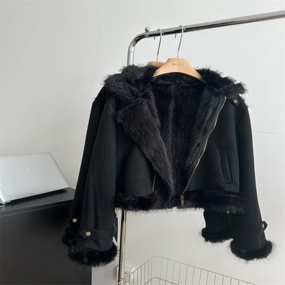 Lamb Wool One-piece Fur Motorcycle Coat Jacket Furry Coat Women