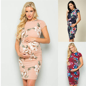 Pleated printed maternity dress
