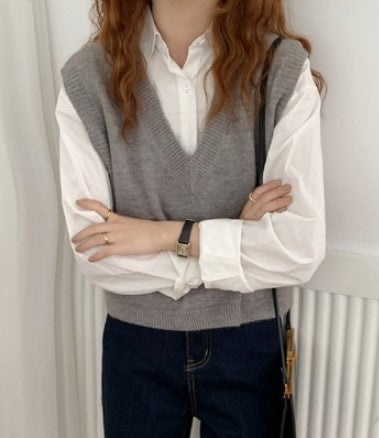 V Neck Knitted Vest Sweater Sleeveless Women Casual Pullover