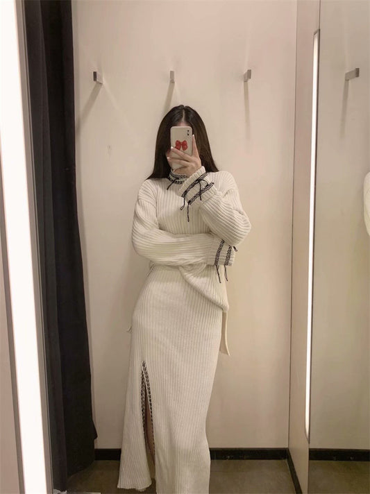 Slimming Front Slit A Line Skirt Women Long Sleeved Round Neck Stitched Knitted Sweater