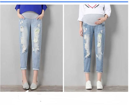 Fashion maternity pants summer tide hole jeans seven points loose thin tight stretch