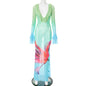 Printed Mesh Long Sleeve Ruffles Long Dress Women