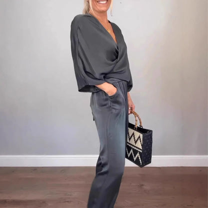 Solid Color Satin Short-sleeved Top Pants Suit Women