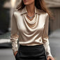 Women's Swing Collar Draped Shirts & Blouses Elegant Solid Satin Office Ladies Top Pullover Spring Long Sleeve Casual Tops