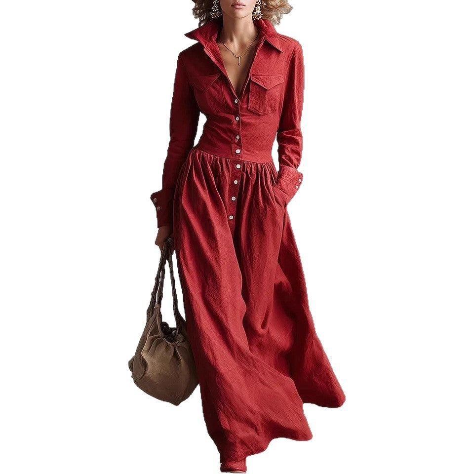 Retro Solid Color Long Dress For Women