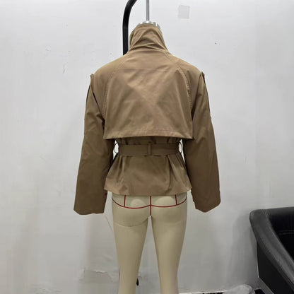 Women Double-breasted Niche Lace-up Trench Coat