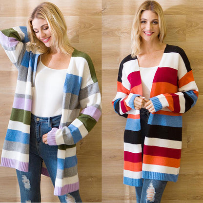 Striped mid-length cardigan sweater