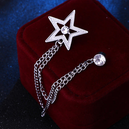 Fashion Tassel Chain Pentagram Rhinestone Brooch For Men